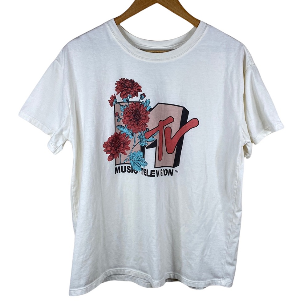 MTV Logo Tee Shirt with Flowers Womens Size XL